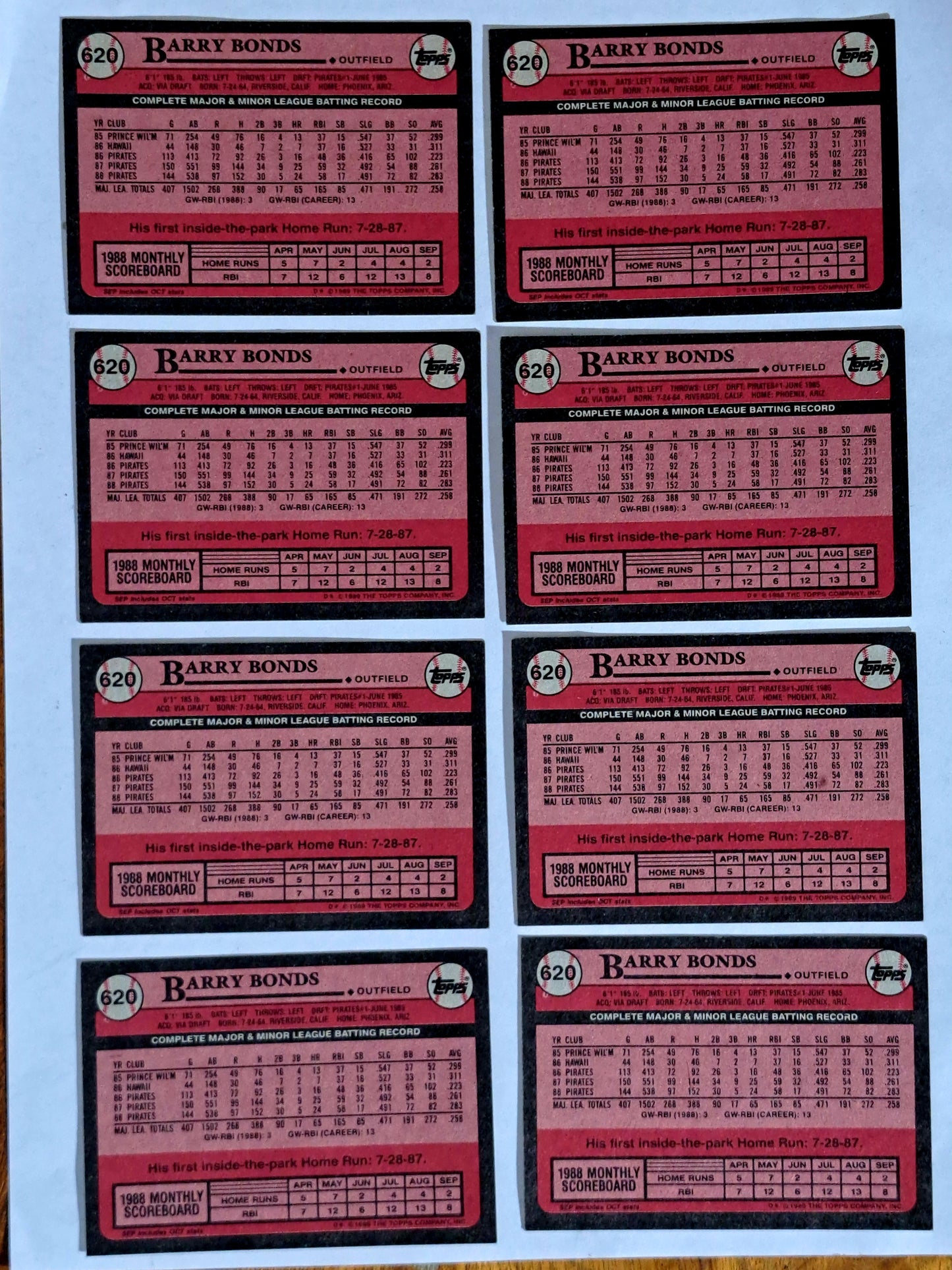 🔥 1989 Topps Barry Bonds #620 – Lot of 8 STUNNING Cards - Excellent to Near Mint