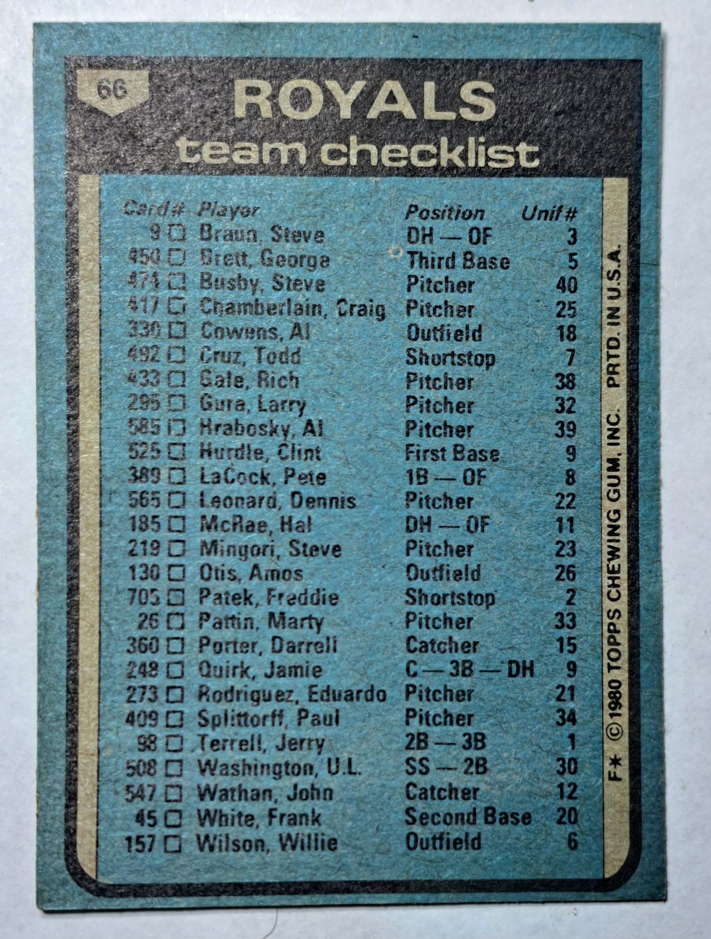 ⚾ Lot of 5 Complete 1980 Topps Kansas City Royals Team Sets 🧢
